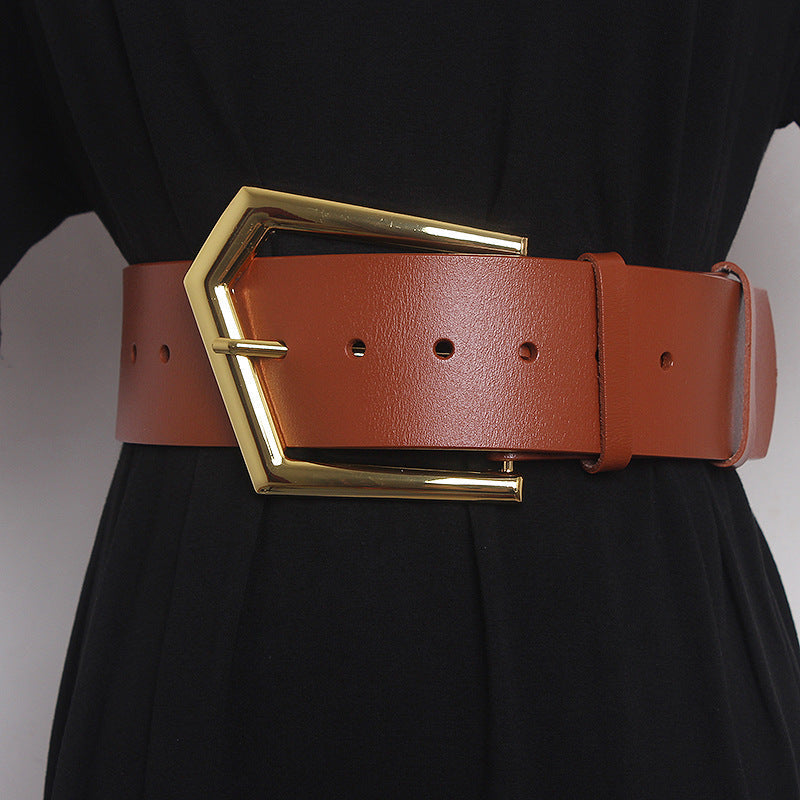 Upgrade Your Outfit with the Stylish Concave Shape Large Pin Buckle Cowhide Wide Belt