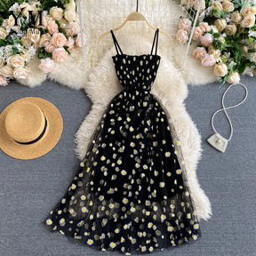 YuooMuoo Korean Fashion Daisy Flower Print Mesh Party Dress Summer Two Layers Spaghetti Strap Vacation Midi Dress Beach Vestidos