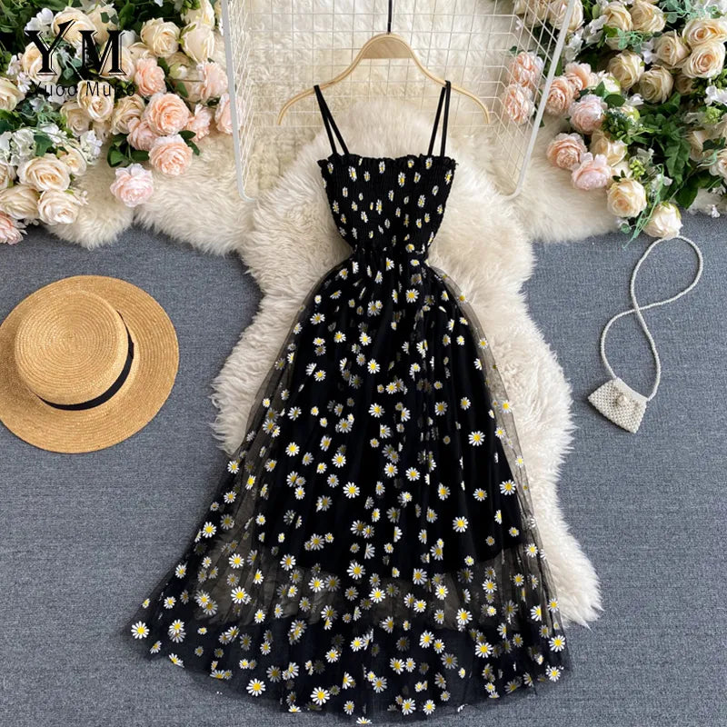 YuooMuoo Korean Fashion Daisy Flower Print Mesh Party Dress Summer Two Layers Spaghetti Strap Vacation Midi Dress Beach Vestidos