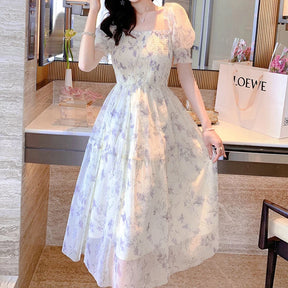 Summer White Chiffon Long Dress Casual Floral Party Dress Elegant Short Sleeve Fairy Dresses for Women Sweet Clothing 20044