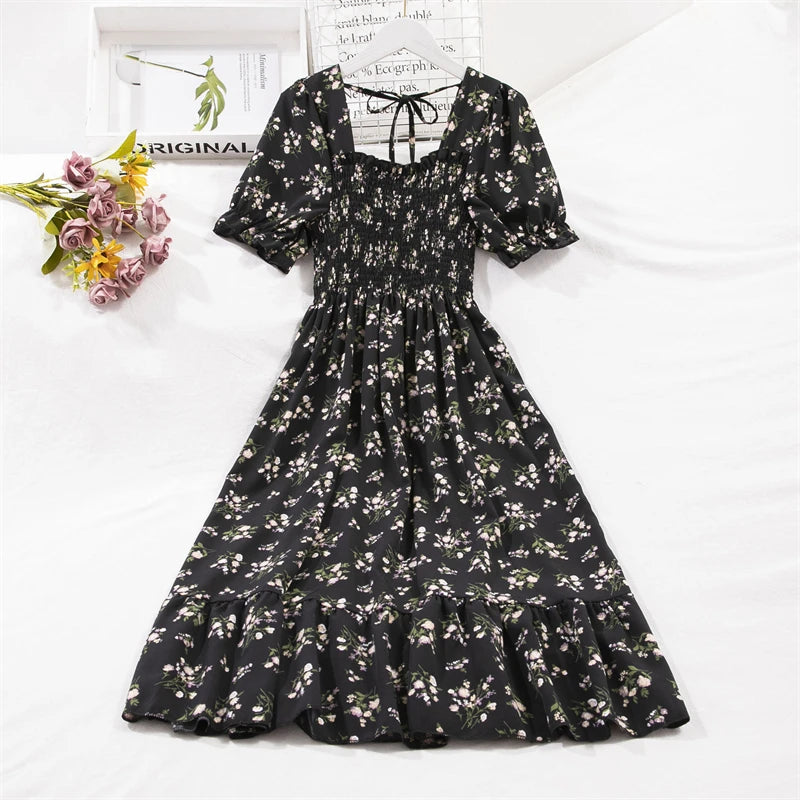 Spring Summer Short Sleeve Chiffon Dresses Fashion Female Elastic Waist Pleated Casual Dress Women A-line Dresses Vestidos