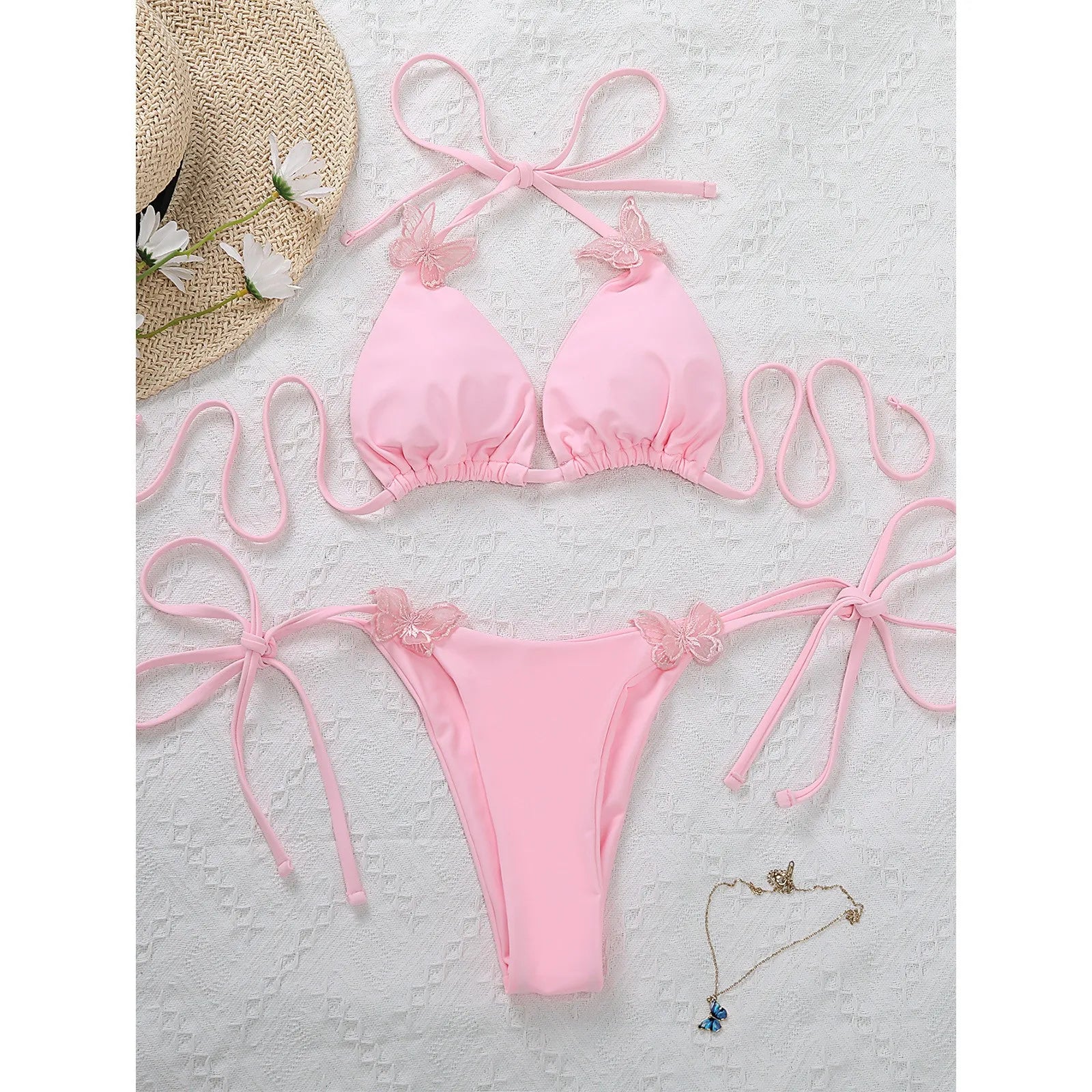 Women's Sexy Solid Color Strappy Lace-up Butterfly Bikini Sexy Swimsuit