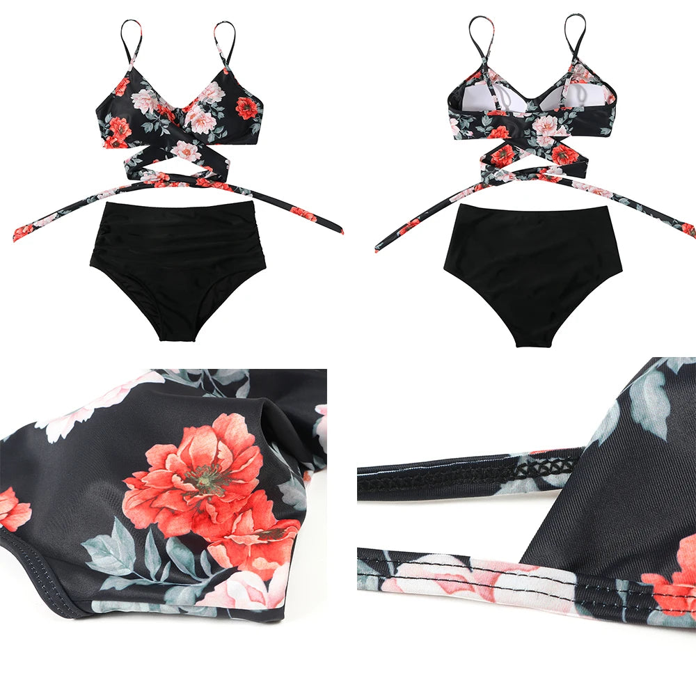 High Waist  Sexy Bikini Set 2024  Biquini Swimwear Women Two Pieces Swimsuit Floral Beachwear V-Neck Bathing Suits Female