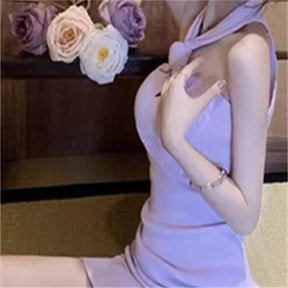 Spring Summer New Clothing Twisted Halter Neck Mounted Sleeveless Knitted Midi Dress X shape Slim Fit Sexy Elegant And Sweet