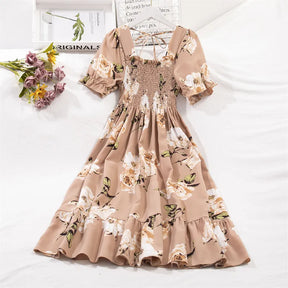 Spring Summer Short Sleeve Chiffon Dresses Fashion Female Elastic Waist Pleated Casual Dress Women A-line Dresses Vestidos