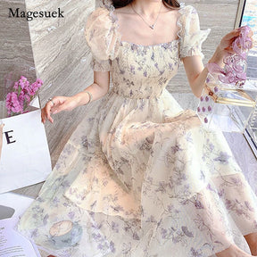 Summer White Chiffon Long Dress Casual Floral Party Dress Elegant Short Sleeve Fairy Dresses for Women Sweet Clothing 20044