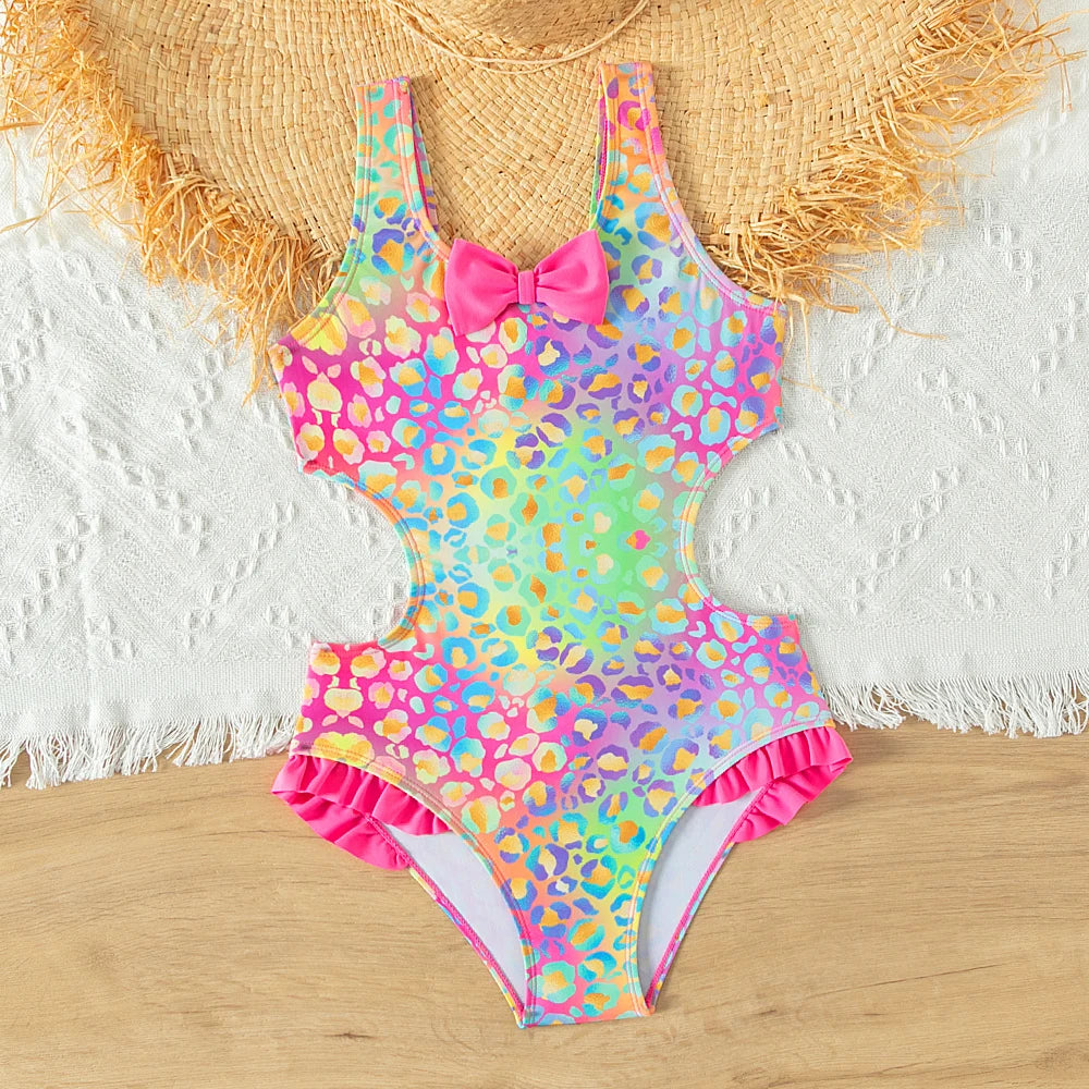 Bright and colorful girls swimwear with bow ruffle one-piece Bathing Suit Teen girls Summer Beach wear Swimming suit