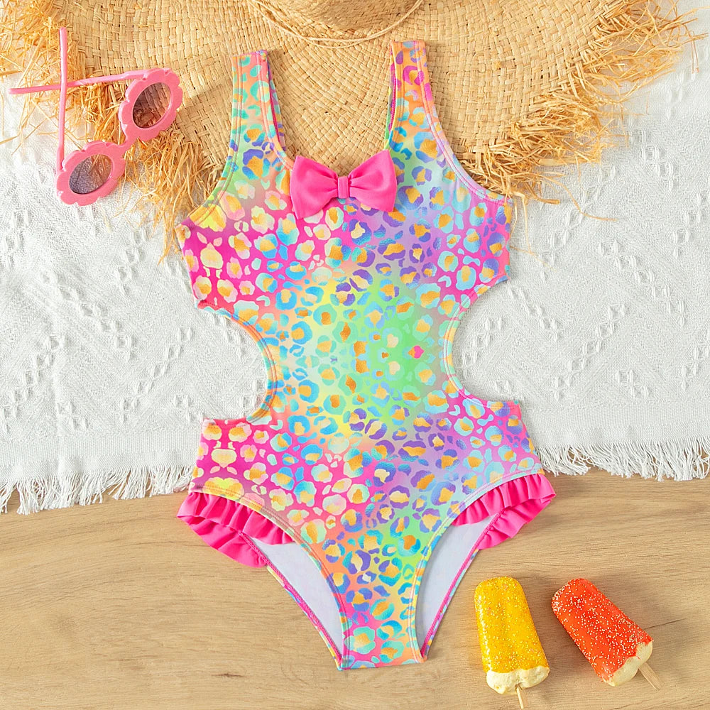 Bright and colorful girls swimwear with bow ruffle one-piece Bathing Suit Teen girls Summer Beach wear Swimming suit