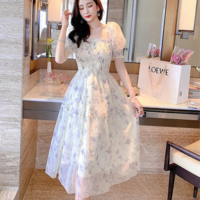 Summer White Chiffon Long Dress Casual Floral Party Dress Elegant Short Sleeve Fairy Dresses for Women Sweet Clothing 20044